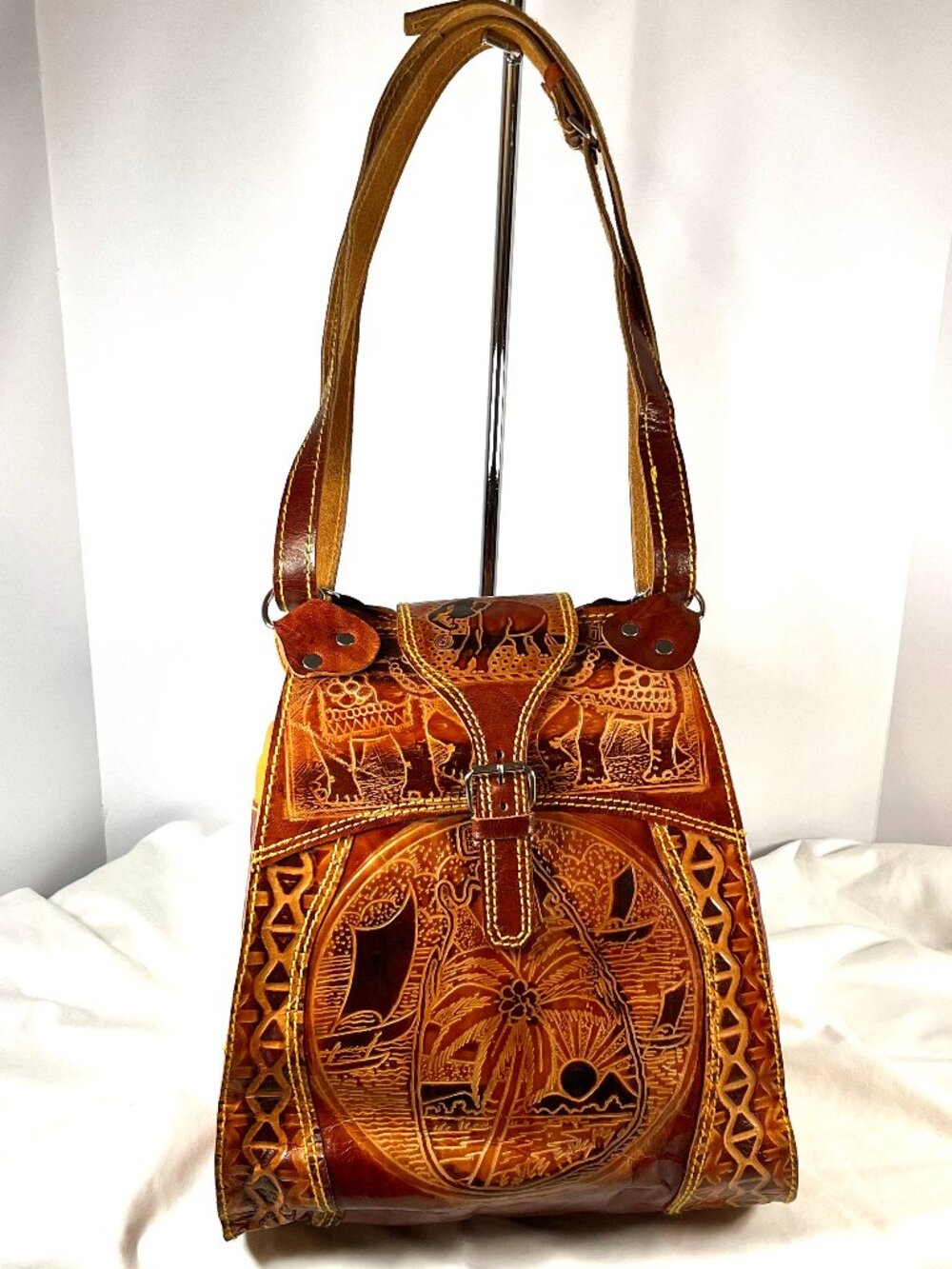 Hand Tooled Indian Leather Tote | Embossed Wildlife Art | Vintage Boho Bag